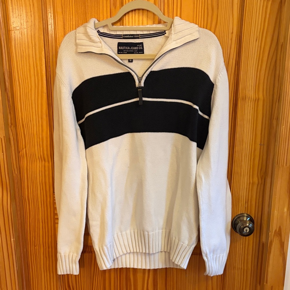 Nautica Men's Black and Cream Zip-Up Sweater